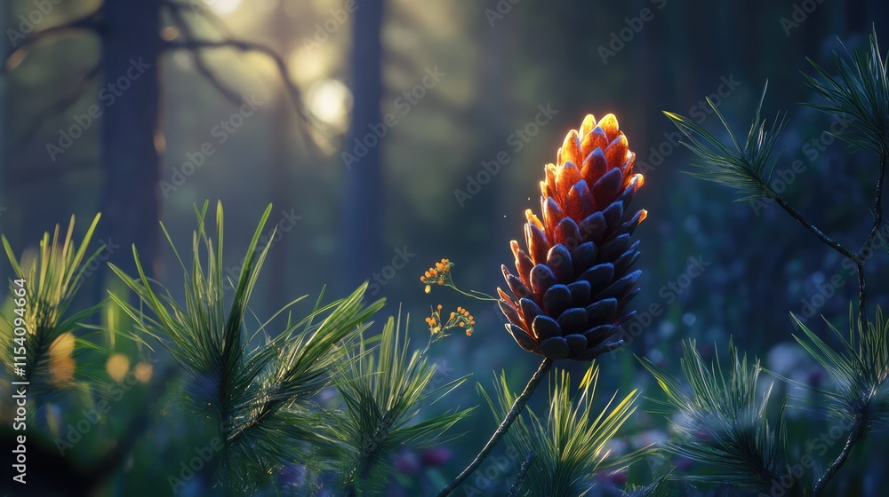 Poster pine cone illuminated by sunlight in serene forest setting with soft foliage and gentle mist