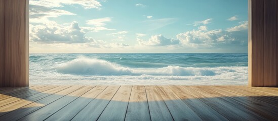 Fototapeta premium Wooden platform overlooking a serene seascape with waves and a bright sky creating a peaceful coastal ambiance