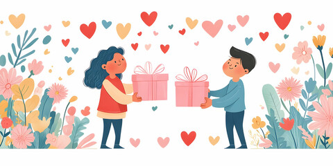 Two children exchanging gifts surrounded by flowers and hearts, symbolizing friendship and joy.