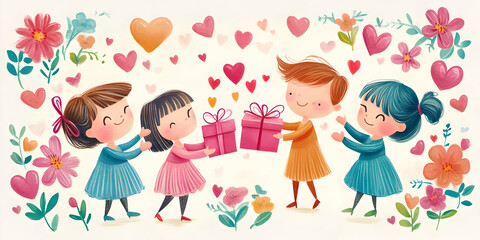 Children exchanging gifts surrounded by hearts and flowers, celebrating friendship and joy.