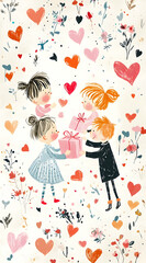 Children joyfully exchanging gifts surrounded by hearts and flowers.