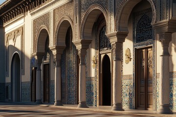 Fototapeta premium Ornate architectural facade with arches and intricate tile work.