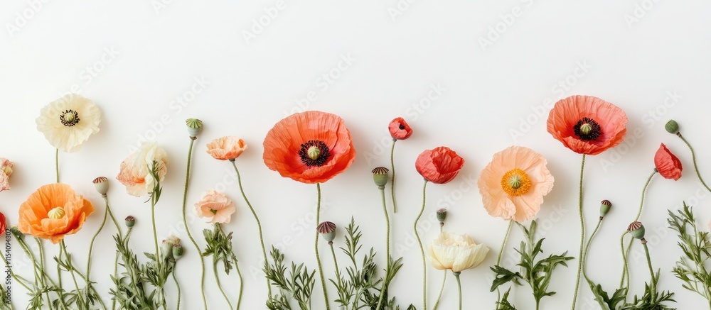 Aufkleber Peach and red poppy flowers arranged in a minimalist style against a white backdrop creating an elegant floral composition
