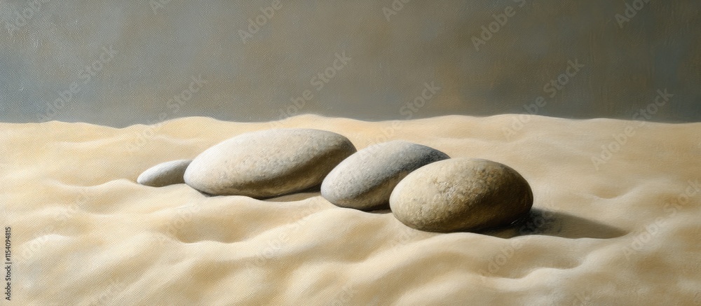 Poster smooth pebbles gracefully placed on soft sandy surface creating a serene and minimalist natural scen