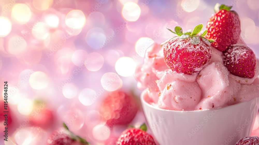 Aufkleber pink and sweet bokeh background with strawberries and ice cream creating a dreamy and refreshing des