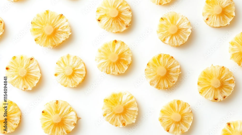 Poster pineapple slices arranged in a patterned layout on a clean white background ideal for food and bever