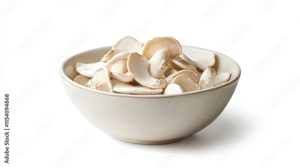 Aufkleber sliced oyster mushrooms in a white bowl isolated on a clean background perfect for culinary or recip