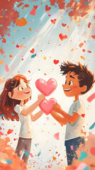 Two children joyfully sharing a large heart amidst colorful confetti and hearts.