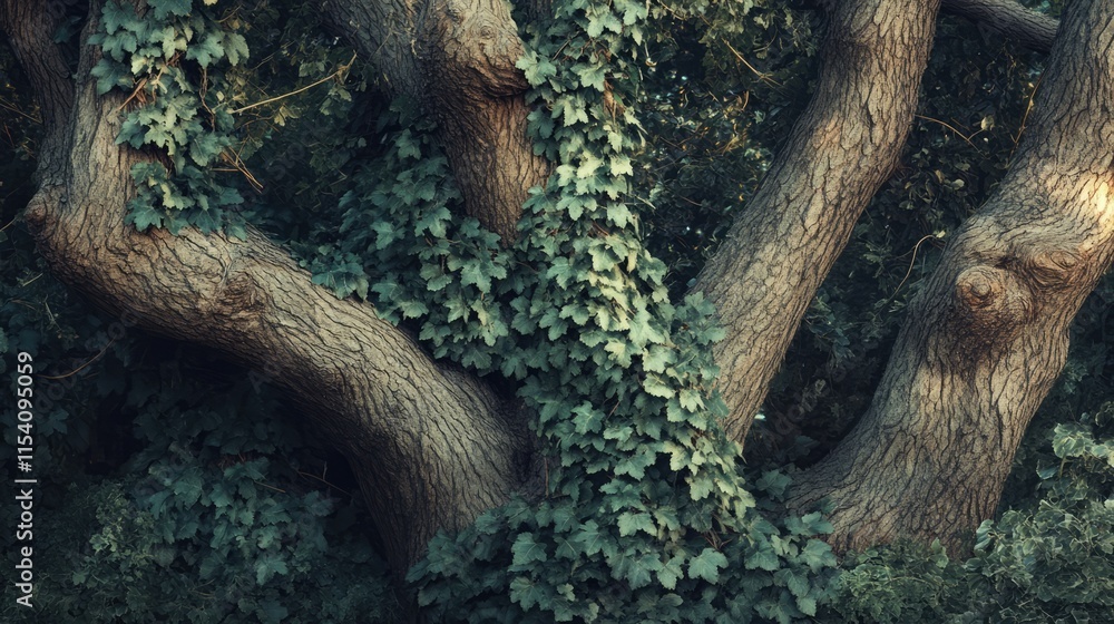 Poster entwined pine trees and vines creating a lush forest environment in natural setting