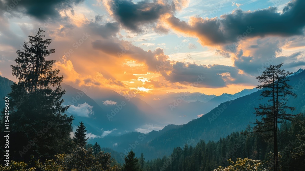 Poster scenic sunset over mountains with lush forests creating a serene and natural landscape in the foregr