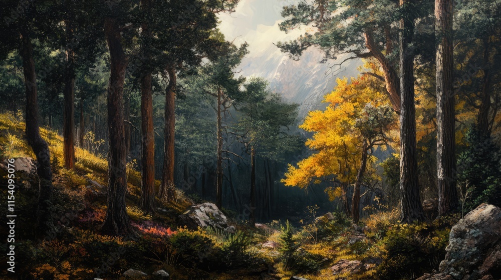 Poster pine and beech forest landscape with autumn foliage and sunlight filtering through trees in a serene