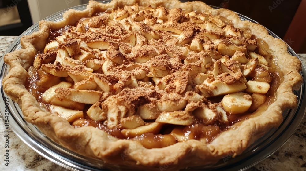 Poster decorative apple pie with flaky crust and topped with sliced apples and cinnamon on a marble counter