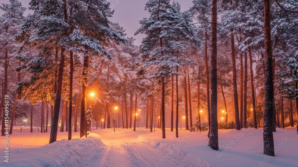 Poster frosty evening in a snow-covered forest with pine trees creating a serene winter wonderland atmosphe
