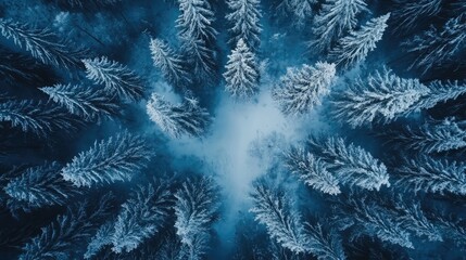 Aerial view of pine tree forest in winter showcasing a serene landscape covered in fresh snow and expansive wilderness