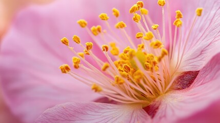Close-up of a delicate pink flower showcasing intricate petals and vibrant yellow stamen against a soft natural background.