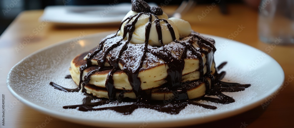 Poster Delicious stack of pancakes drizzled with rich chocolate sauce and topped with whipped cream and berries on a rustic wooden table