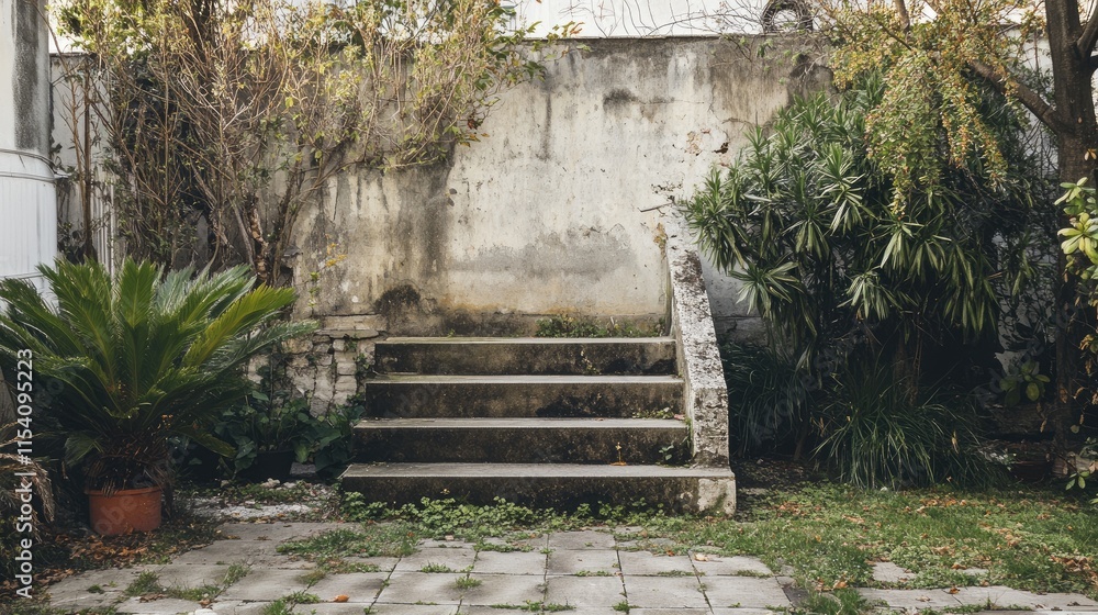 Poster abandoned outdoor stairs surrounded by greenery in a tranquil garden setting with textured walls and