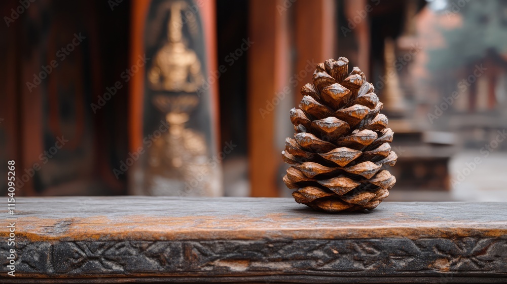Poster pine cone on wooden table in tranquil temple setting with blurred background elements