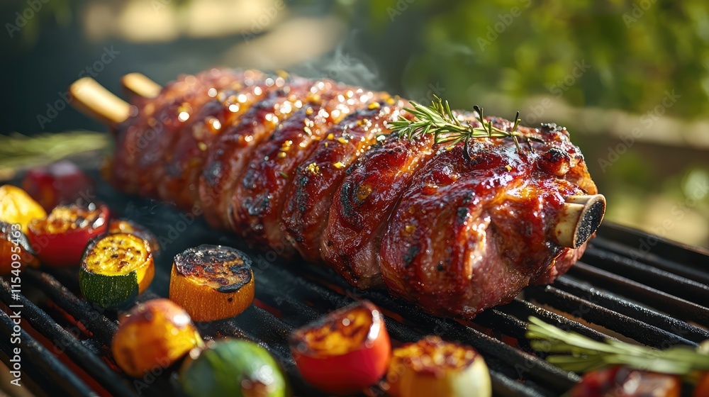 Poster Suckling piglet roasting over an open fire with vibrant roasted vegetables in a sunny garden barbecue setting.