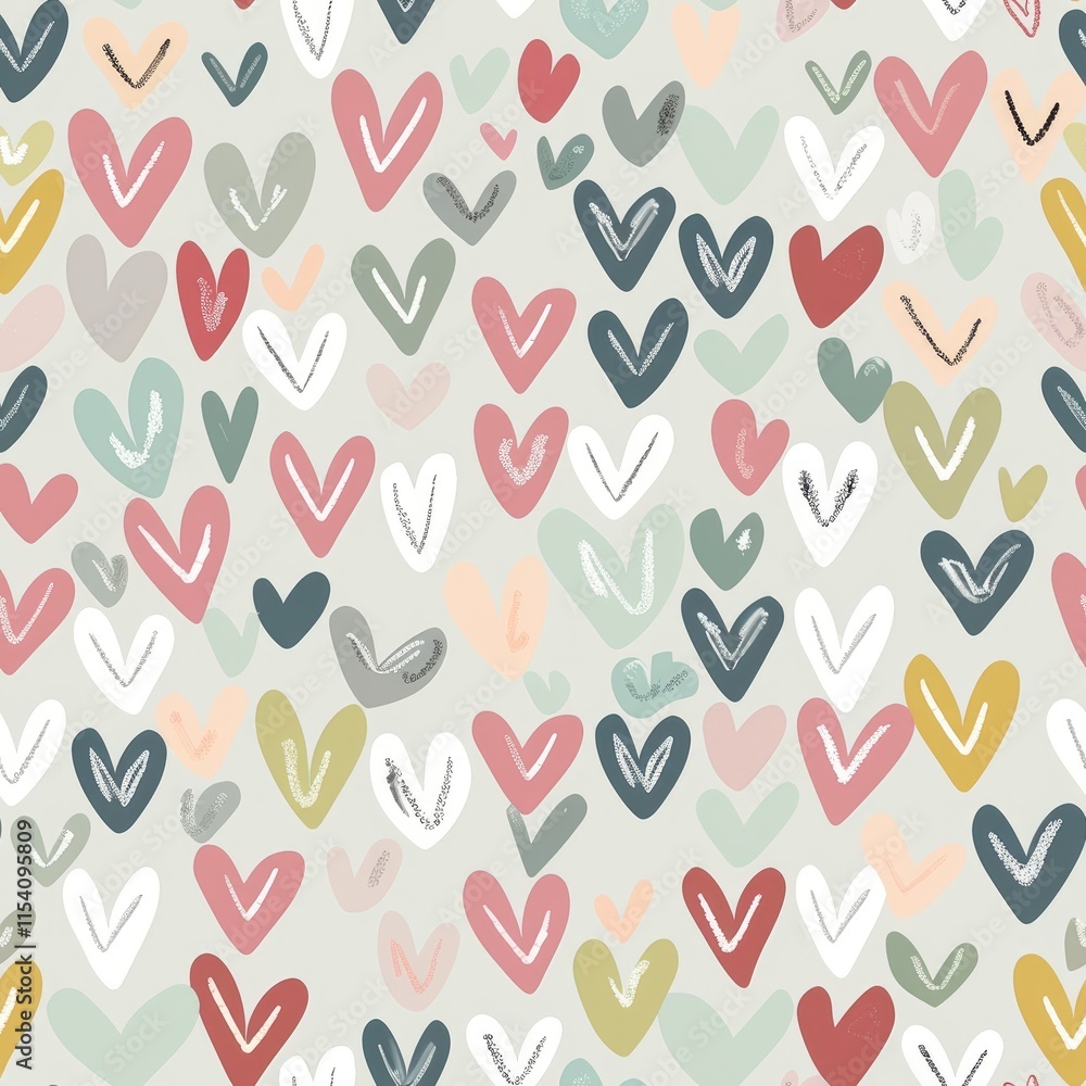 Poster a colorful pattern featuring various heart shapes in soft, playful colors.