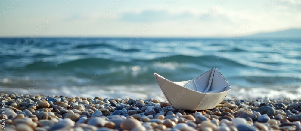 Poster paper boat resting on a pebble beach with gentle ocean waves and distant shoreline under a clear sky