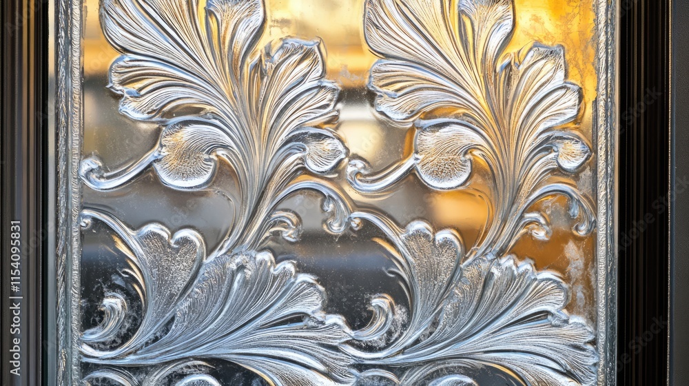 Poster intricate frosty floral patterns on a vintage glass window creating a mesmerizing winter ambiance