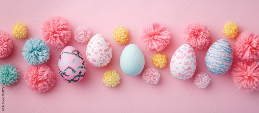 Poster easter celebration with painted eggs and colorful pom poms on a soft pink background creating a fest