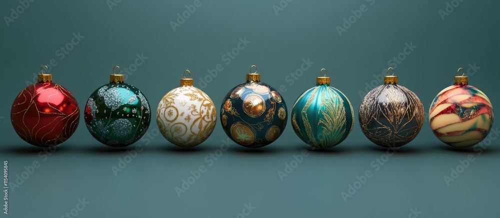 Poster colorful christmas tree baubles displayed in a row showcasing unique designs and vibrant hues for fe