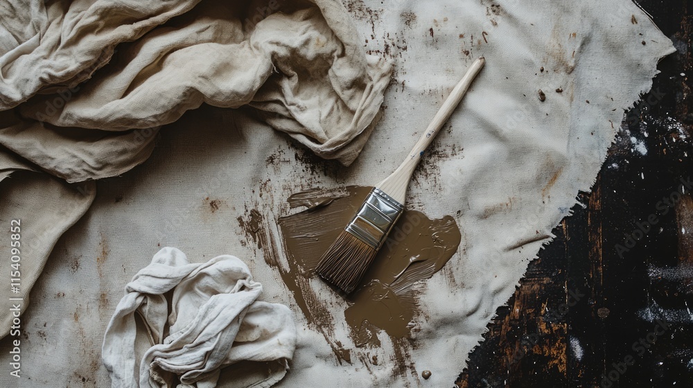 Poster painter's drop cloth stained with brown paint featuring a used brush and a cloth rag creating a crea