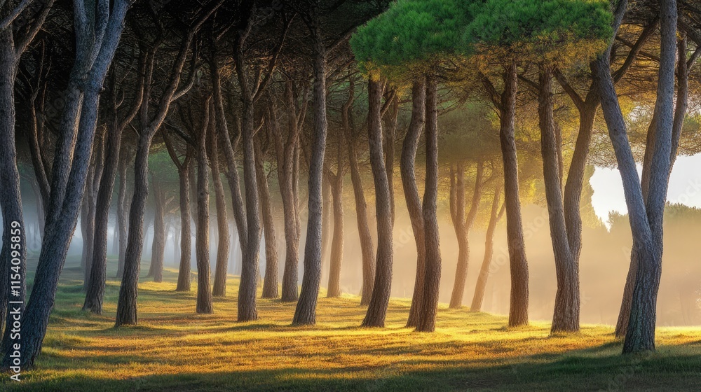 Poster serene pine forest with tall trees shrouded in morning fog and soft sunlight illuminating the ground