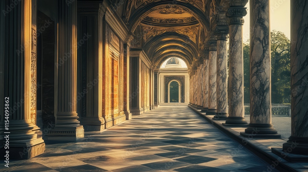 Poster ornate architectural corridor featuring domed ceilings and elegant columns illuminated by soft natur