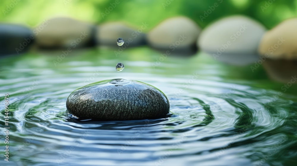 Poster serene outdoor scene featuring a pebble in flowing water with gentle ripples and droplets creating a