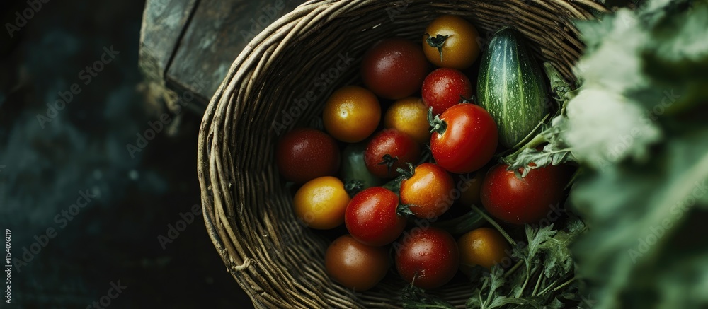 Aufkleber Overhead view of assorted fresh vegetables and ripe tomatoes in a rustic wicker basket arranged on a dark wooden surface