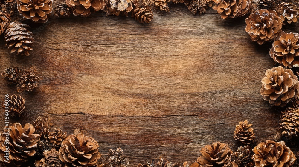 Poster pine cones arranged on a rustic wooden surface creating a natural and warm autumnal background for s