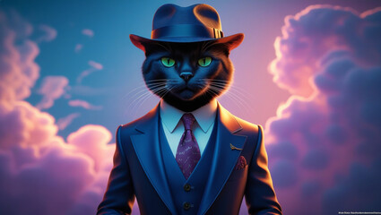 AI-Generated Black Cat in a Suit and Hat – A Sophisticated and Whimsical Portrait Against a Dreamlike Cloudy Background, Perfect for Artistic and Creative Themes cute cat