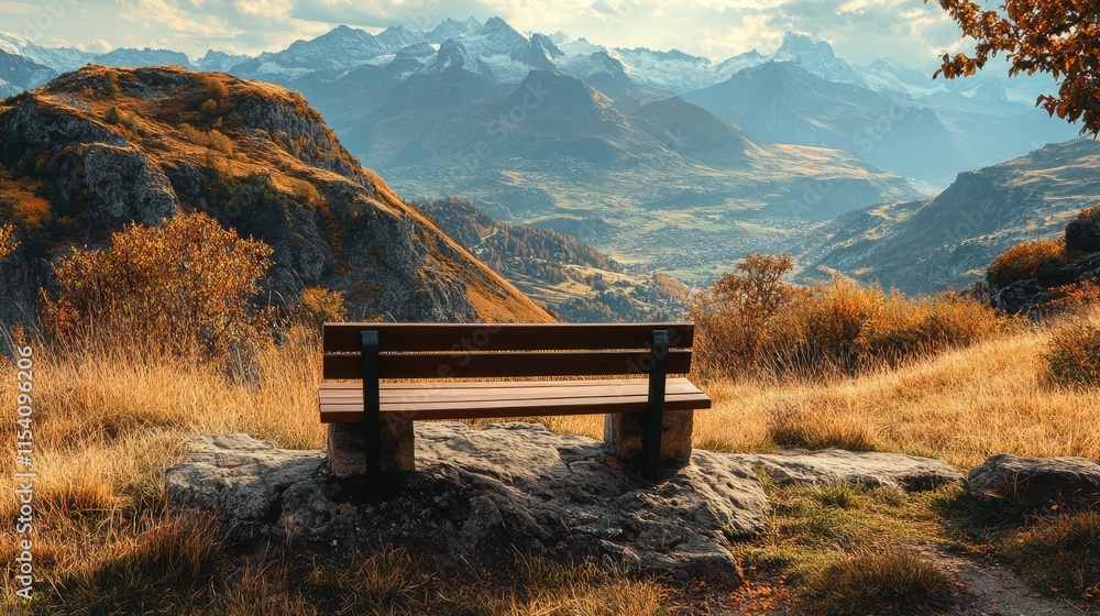 Poster scenic mountain view with a rustic bench overlooking a breathtaking valley during autumn in natural 