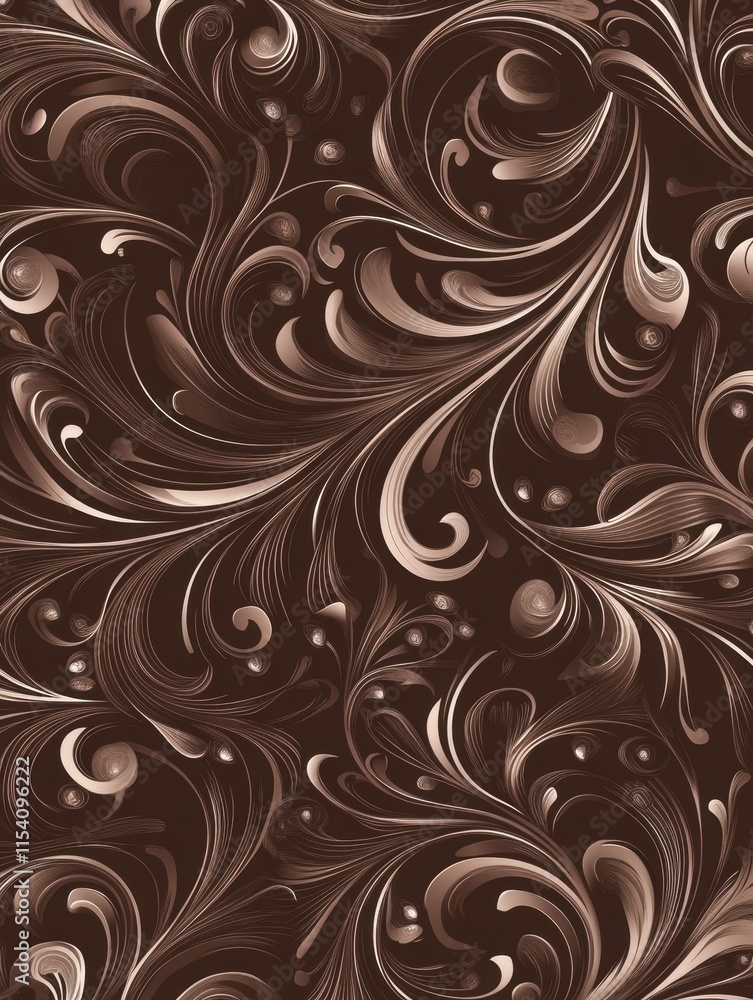 Poster elegant swirling patterns on a rich dark brown background featuring artistic curves and shapes. gene