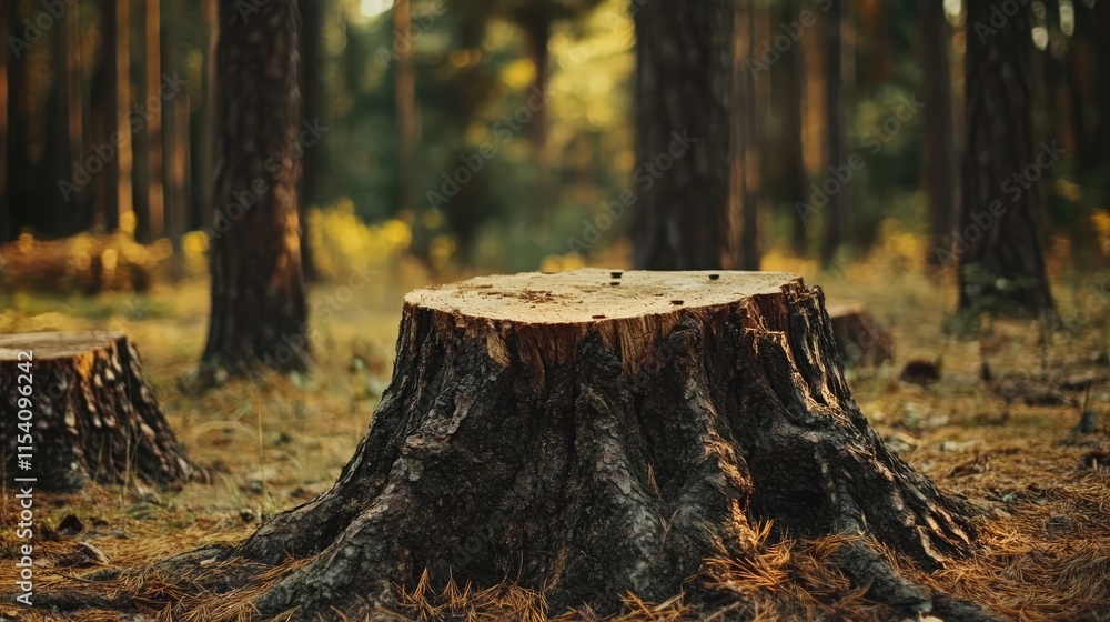Poster pine tree stumps with exposed roots in a serene forest setting bathed in soft sunlight on a bed of f