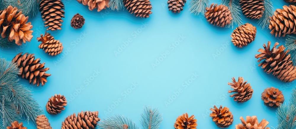 Poster pine cones and evergreen branches arranged on a vibrant blue background with empty center for custom
