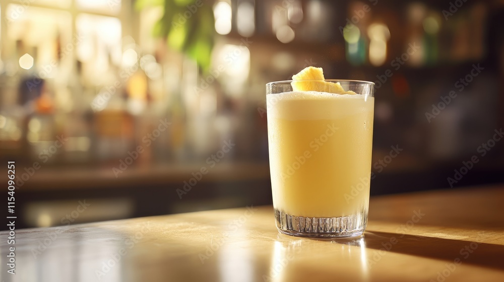 Poster refreshing pineapple smoothie in glass on bar counter with blurred background showcasing a vibrant a