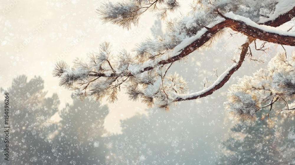 Poster snow-covered pine tree branch in tranquil winter forest with softly falling snowflakes creating a se
