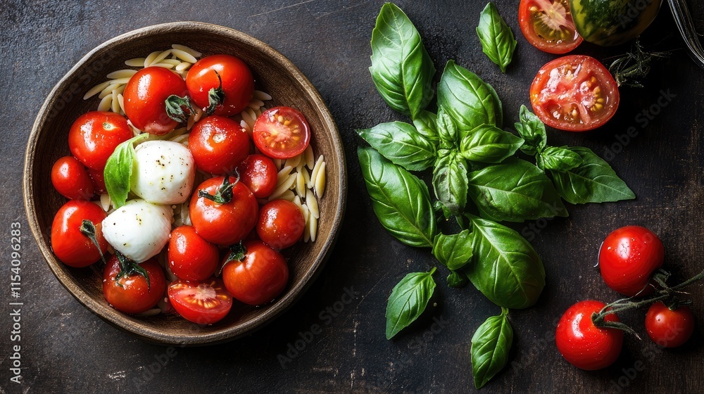 Aufkleber vibrant orzo salad with fresh tomatoes basil and mozzarella cheese in a rustic setting