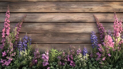 Fototapeta premium Lupine flower border in pink and purple against a rustic wooden background creating a vibrant and natural decor element for design purposes