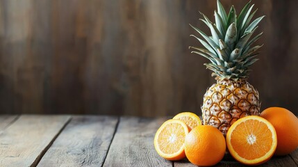 Fresh pineapple and ripe oranges showcased on a rustic wooden surface in a vibrant, colorful composition promoting healthy eating.