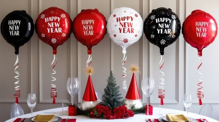 Happy new year festive red  white mylar balloons