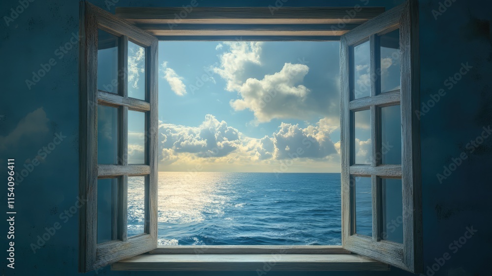 Poster A tranquil ocean view through a window symbolizing endless opportunities and serene possibilities for contemplation and inspiration.