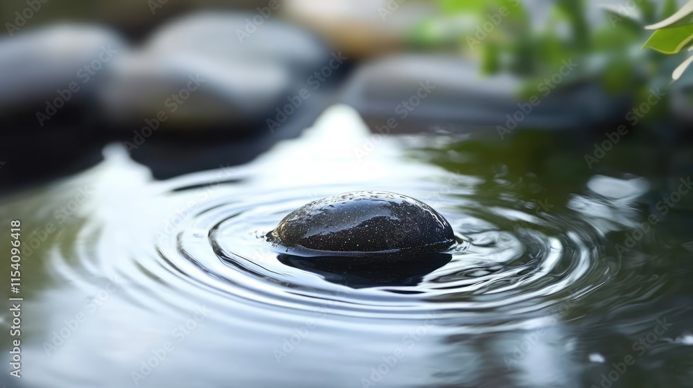 Poster serene outdoor scene featuring a smooth pebble amidst tranquil flowing water and soft ripples in a n
