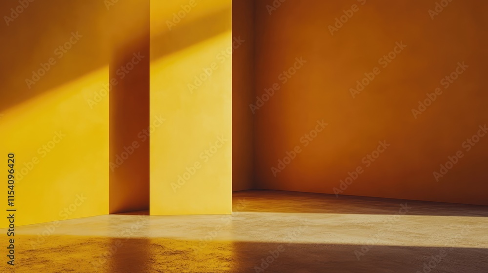 Poster illuminated yellow wall corner with geometric shadows creating a minimalist and modern aesthetic for