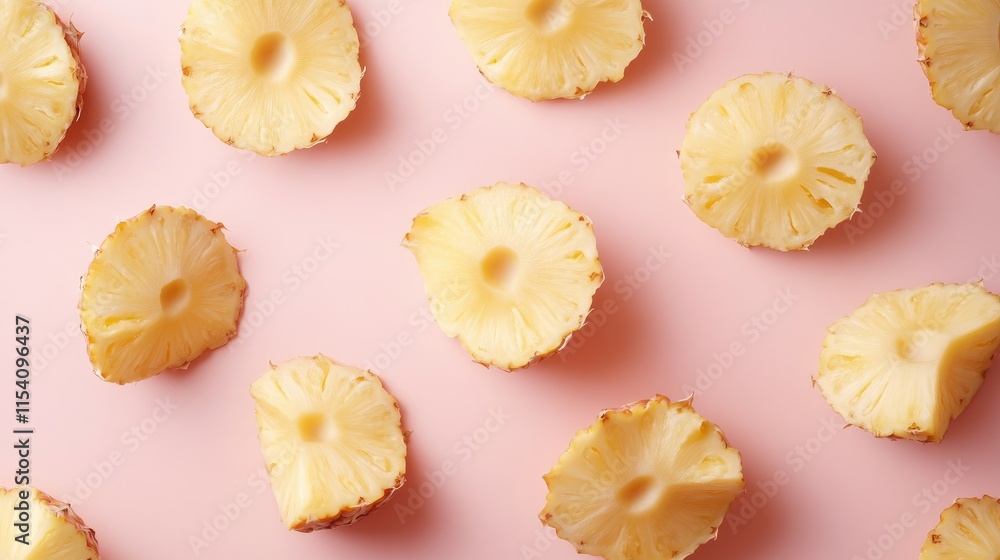 Poster pineapple slices arranged on a pink background creating a vibrant and fresh flat lay composition for