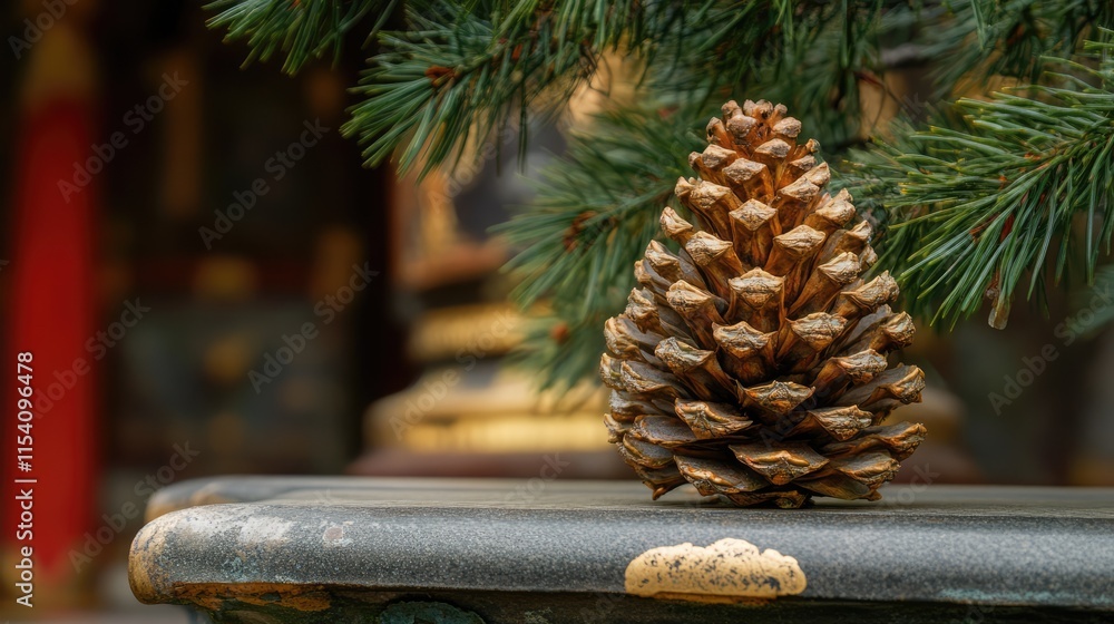 Poster pine cone resting on ornate surface surrounded by greenery in serene temple setting